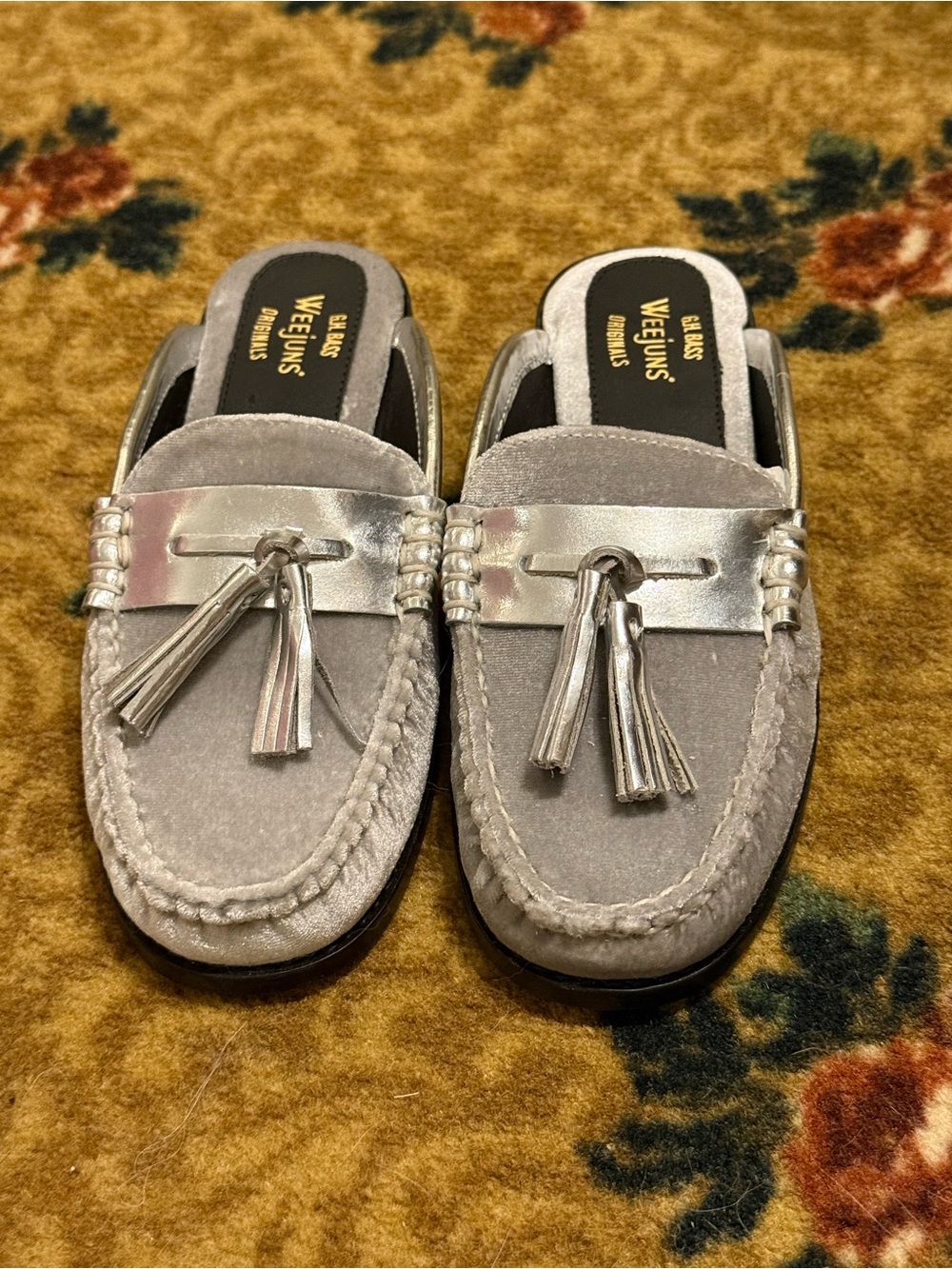 G. H. Bass & Co. Silver Velvet Mules With Leather Sole